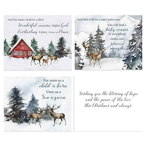 Religious Christmas Cards Jesus is the Reason For The Season Christian Holiday Scripture Forest Deer Moose Snow Watercolor Assortment Variety Pack of Cards Religion -12 count-