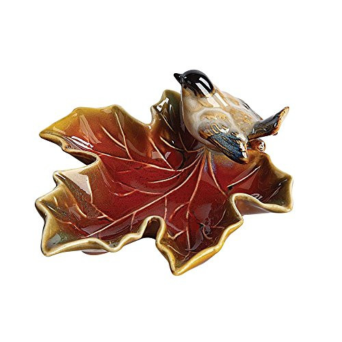 Creative Co-op Maple Leaf with Bird Stoneware Dish