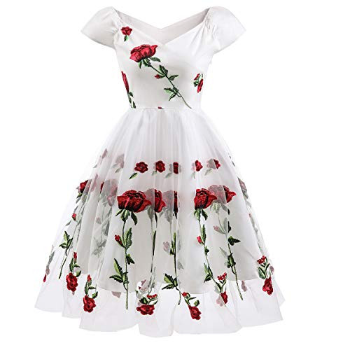 Valentines Day Rose Dresses for Women Vintage Embroidery Flower Party Evening Retro Dress Elegant Lady V Neck A-Line Tulle Spliced Prom Ball Gown Wedding Cocktail Rockabilly Swing Dresses White 2XL