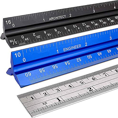 Architectural and Engineering Scale Ruler Set -Imperial-  Laser-Etched Aluminum Triangular Drafting Tool for Architect and Civil Engineer Blueprints  Standard Metal Ruler Included  12-Inch