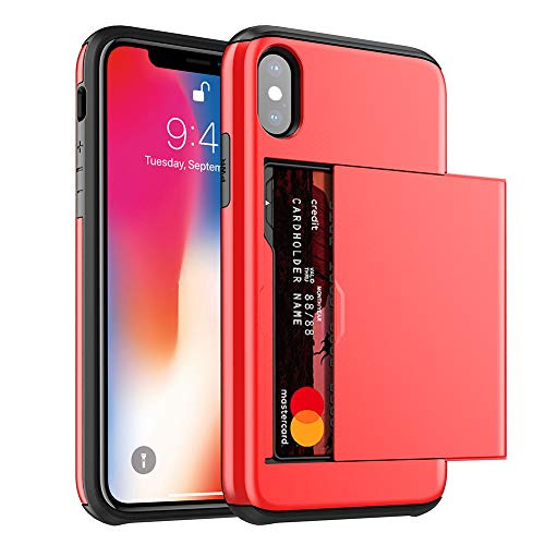 Compatible with iPhone Xs MAX Case Card Holder Slot Sliding Cover for iPhone XSMAX Case Cover Wallet Heavy Duty Protection Dual Layer Protective Armor Shell for iPhone Xs MAX 6.5 inch -Red?XS MAX-