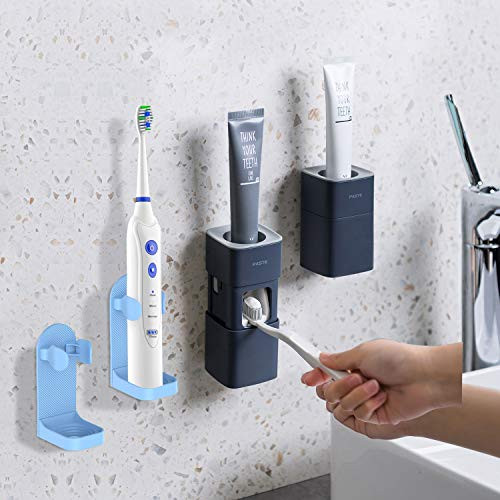 BesLife Automatic Toothpaste Dispenser Wall Mounted Come with 2 Electric Toothbrush Holders  for Bathroom Automatic Toothpaste Squeezer Dustproof-Dark Blue-