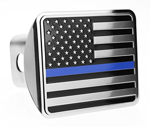 USA US American Flag Stainless Steel Emblem on Metal Trailer Hitch Cover Fits 2" Receivers Black and Chrome With Thin Blue line