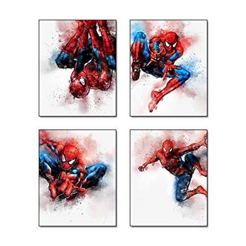Cartoons Superhero Spiderman Theme Art Painting Set of 4 -8X10 Canvas Picture- Children Kids Boys Birthday Gift Game Room Decor Art Prints Nursery Wall Poster Home Decor Unframed