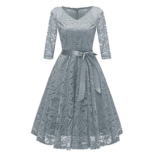 TOTOD Women Vintage Princess Floral Lace Cocktail Dresses-Ladies Elegant V-Neck Party Hepburn Aline Swing Dress Gray TOTOD Women Vintage Princess Floral Lace Cocktail Dresses-Ladies Elegant V-Neck Party Hepburn Aline Swing Dress Gray
