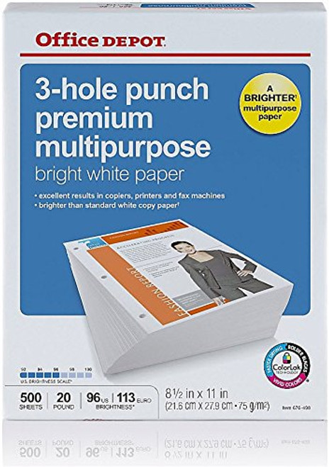 Office Depot 3-Hole Punch Premium Multipurpose Copy Laser Inkjet Printer Paper, 8 1/2 x 11 Inch Letter Size, 20 lb., 96 Bright White, ColorLok, Acid Free, Ream, 500 Total Sheets (676498)