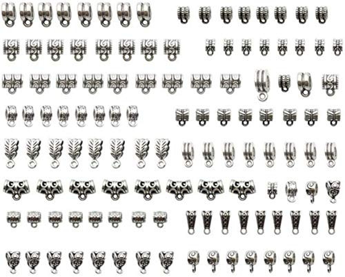120pcs Bail Beads Charms Collection Mixed Antique Tibetan Silver Bail Tube Beads Spacer Bead?Bail beads?Bead Hanger Fit Charm European Bracelet Pendant Charm Bracelet  Antique Silver -120pcs Mixed-