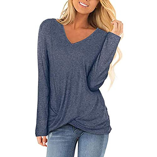 Women Twist Knot Tops Long Sleeve Shirt Fall Winter V Neck Tunic Top Casual Blouse -Blue Large- Women Twist Knot Tops Long Sleeve Shirt Fall Winter V Neck Tunic Top Casual Blouse -Blue Large-