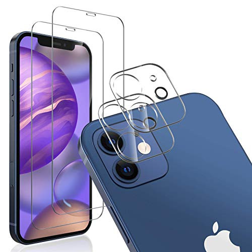 -4 Pack- 2Pack for iPhone 12 Screen Protector and 2 Pack Camera Lens Screen Protector Film for iPhone 12 6.1 inch Tempered Glass -HD Clear--Anti-Scratch--Anti-Fingerprint--Bubble Free--Easy-Installation Tool-