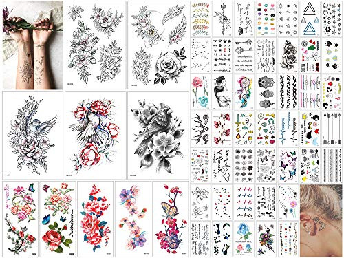 55 Sheets Butterflies Temporary Tattoos Stickers  Roses  Flowers Stickers  Mixed Style Fake Tattoo Body Art Temporary Tattoos for Women and Girls