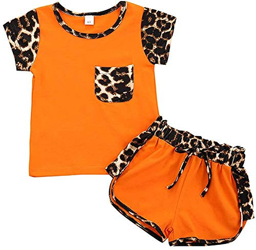 Toddler Infant Baby Girls Summer Outfits Leopard Short Sleeve Pocket T-Shirt Tops Shorts Clothes Sets -12-18 Months  Orange-