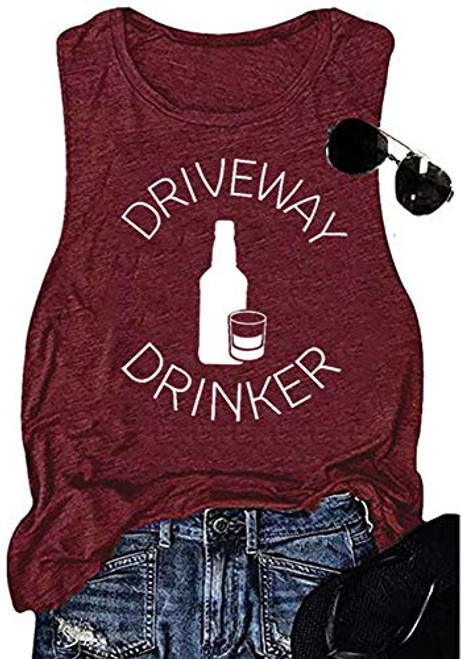 Earlymemb Women Driveway Drinker Letter Print Tank Casual Sleeveless Wine Graphic Tee Beer Graphic Drink T-Shirt -Red-2  L-