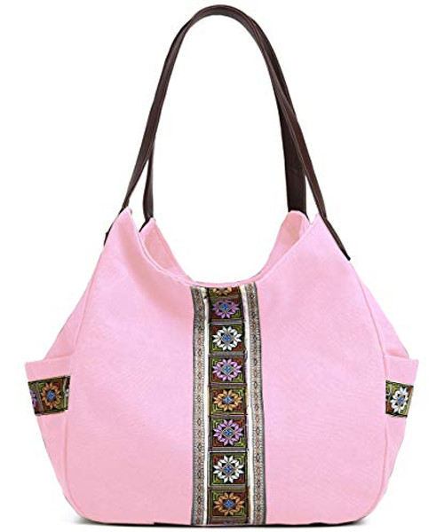Worldlyda Women Canvas Hobo Purse Multi Pocket Tote Shopper Shoulder Bag Casual Top Handle handbag with Embroidery Ethnic -Upgraded Pink 1-