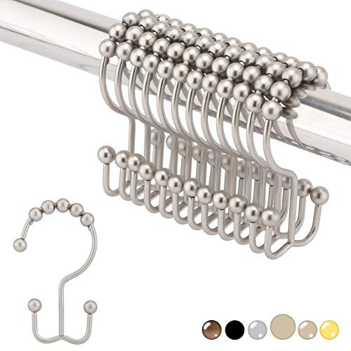 FANKE Double Roller Glide Shower Curtain Ring and Hooks 304 Stainless Steel Rust-Resistant Double Glide Shower Hooks for Bathroom Shower Rods Curtains  Matte Nickel  Set of 12 Rings