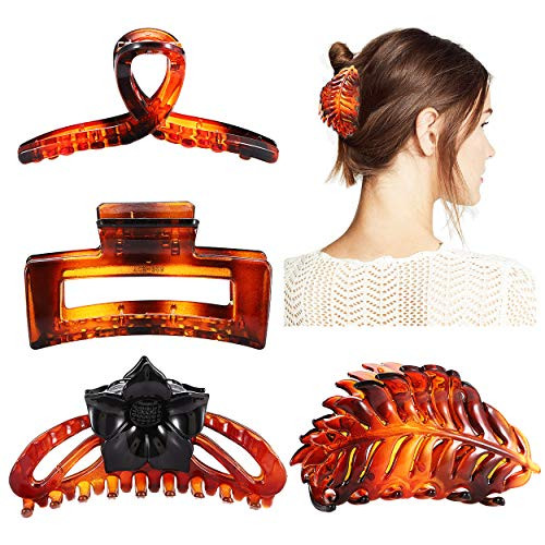 ANGLESJELL 4PCS Tortoise Shell Hair Claw Clips for Women Girls Nonslip Large Hair Catch Barrettes Strong Hold Hair Jaw Clamps for Thick Long Hair