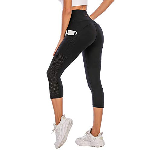 PARWIN High Waisted Yoga Pants for Women Pocketed Workout Capri Leggings with Mesh Tummy Control Compression Capris for Running Exercise Gym Fitness Black-M