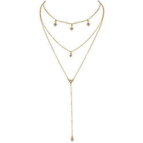 tenghong2021 Bohemia Layered Choker Necklace Crystal Star Moon Pendant Necklace Evil Eye Choker Charm Pendant Necklace Trendy Multi-Layered Y-Necklace Boho Jewelry for Women Girls - A
