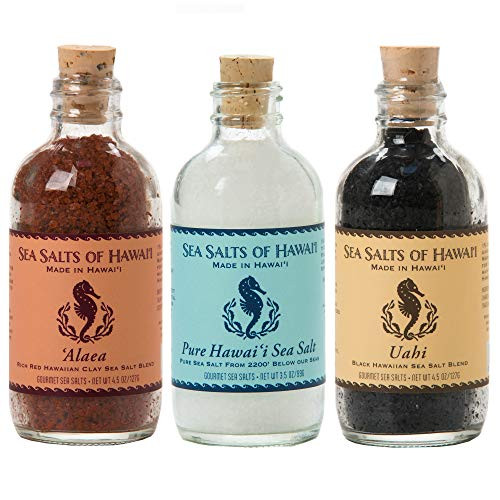 Sea Salts of Hawaii Variety 3 Pack  Alaea Red Clay Salt  Kona Pure Hawaiian Salt  Uahi Black Flavored Hawaiian Sea Salt