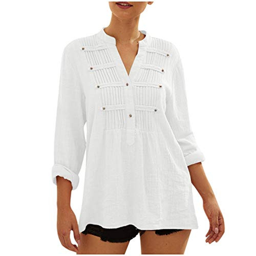 EDC Boho Cotton Linen Shirts for Women Long Sleeve Casual Loose Button Solid V Neck Blouse Basic Tunic Plus Size .M-5XL White