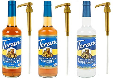 Torani Syrup Sugar Free Pumpkin Pie S mores and Peppermint 750mL Bottles -Pack of 3- PLUS 3 Syrup Pumps Torani Syrup Sugar Free Pumpkin Pie S mores and Peppermint 750mL Bottles -Pack of 3- PLUS 3 Syrup Pumps
