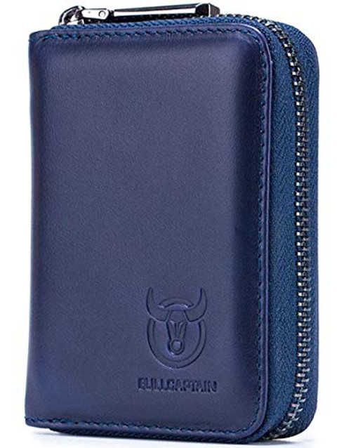BULLCAPTAIN Genuine Leather Wallet Zipper Around RFID Blocking Wallet With Bifold Vintage Multi Card Holder Purse -Blue-