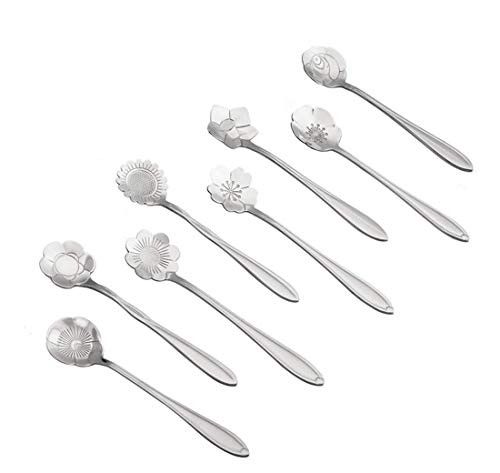 Stainless Steel Tableware Flower Coffee Spoon  Stirring Spoon Tea Spoon  Ice Tea Spoon for Tea  Universal spoon Dessert Ice Cream Spoon  Set of 8-Silver-
