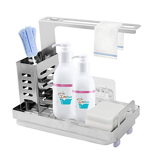 Jingchen Sink Caddy Organizer Sponge Soap Brush Holder with Rag Rack Suction Cups Dishcloth Holder with Drain Pan Stainless Steel for Kitchen