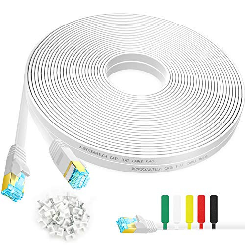 Cat6 Ethernet Cable 75 ft Flat Internet Network LAN Patch Cords  Solid Cat 6 High Speed Computer Wire with Clips and  Snagless Rj45 Connectors for Modem Router PS4  Faster Than Cat5 Cat5e - 75ft White