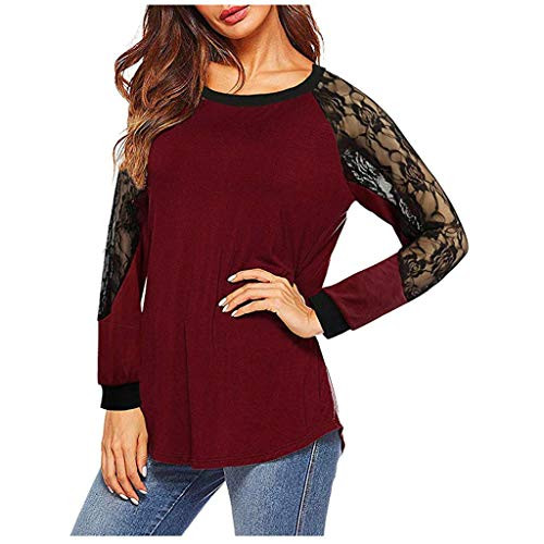 aihihe Women Tunic Tops for Leggings Lace Patchwork Long Sleeve Casual Loose T Shirt Blouse O-Neck T-Shirt Blouse Tops Wine