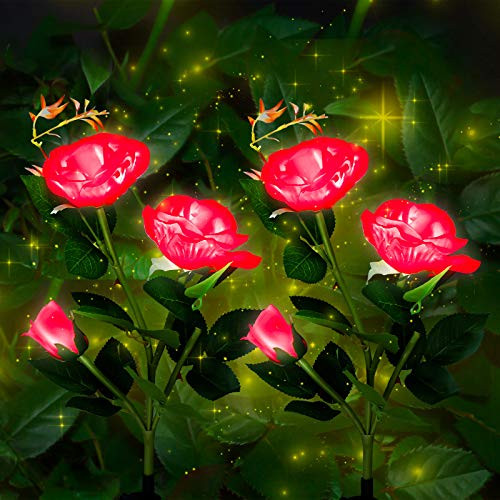 Outdoor Solar Garden Stake Lights Upgraded LED Solar Powered Light with 3 Rose Flowers  Waterproof Solar Decorative Lights for Patio Pathway Courtyard Garden Lawn-2 Pack- -Red-