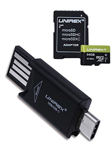 Unirex 64GB U1 MicroSD Card with SD Adapter and USB A to USB C MicroSD Reader  Reads MicroSD  MicroSDHC  MicroSDXC - Compatible with Laptop  or Tablet  Smartphone