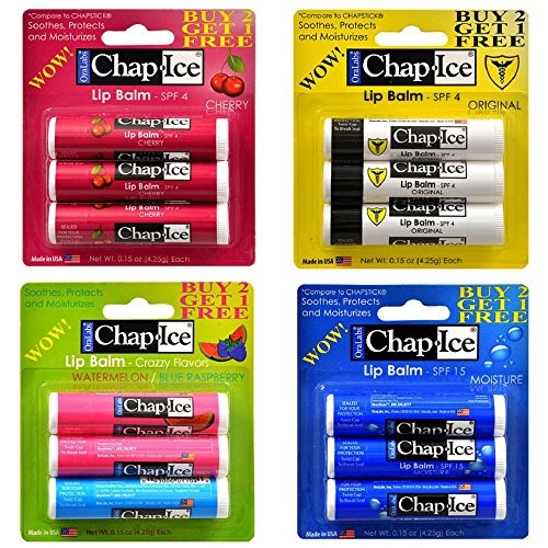 Chap-Ice Variety Lip Balm Sun Screen SPF 4  and  15  Moisture  Original  Crazzy Flavors Watermelon Blue Raspberry and Cherry  12-ct Set