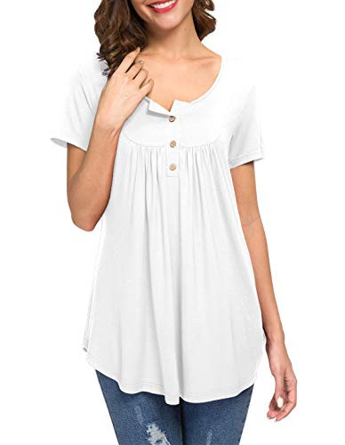 KOAIZ Womens Shirts Casual Tee Shirts V Neck Short Sleeve Button Up Loose Tunic Tops Blouses White-L