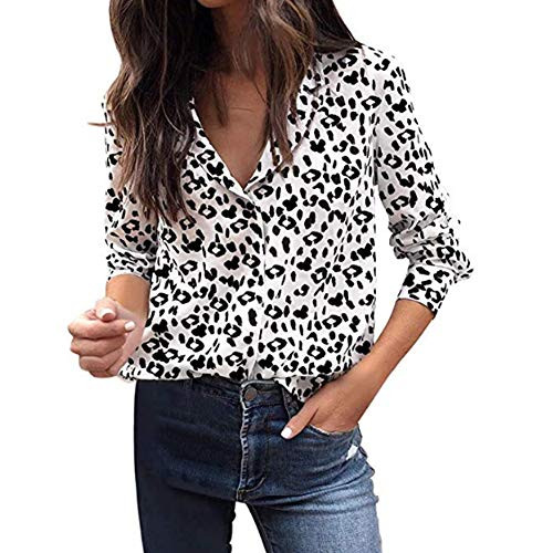 Orashy Women Tunic Top Leopard Print Blouse V Neck Button Down Long Sleeve Loose Work Shirt White