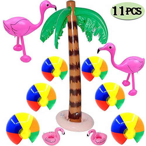 Geenber Inflatable Palm Trees Flamingos Beach Balls Toys Inflatable Drink Holder for Hawaiian Luau Summer Beach Pool Party Toy Fun Party Decorations Beach Backdrop -B-