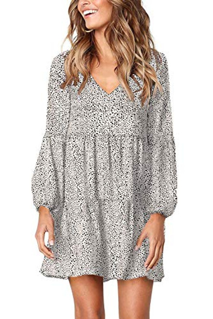 DidHaapin Women Summer Tunic Dress V Neck Long Sleeve Casual Loose Flowy Swing Shift Dress-S-XL- White