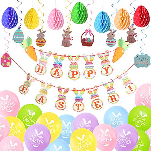 RECUTMS Easter Decorations for The Home Easter Eggs Spring Paper Fans Easter Bunny Pattern Banner Easter Party Decorations Kit Party Supplies