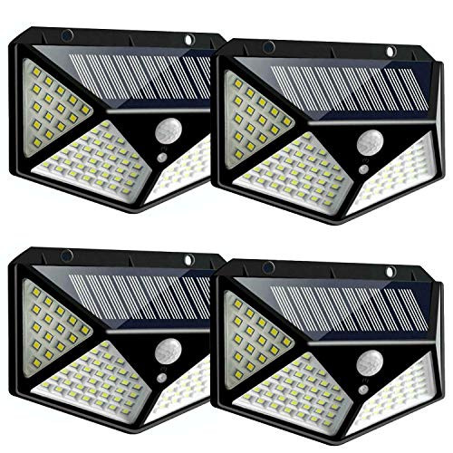TMANGO Solar Lights Outdoor -100 LED 3 Working Mode-  Solar Security Lights Motion Sensor Lights Wireless IP65 Waterproof Solar Powered for Garden Fence Patio Garage Deck -4 Pack-