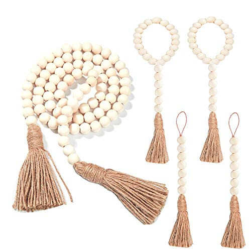Amadj 5PCS Wood Bead Garland Farmhouse Wooden Beads Rustic Country Beads with 3 Styles Prayer Beads for Indoor Outdoor Christmas Holiday Wall Hanging Decorations
