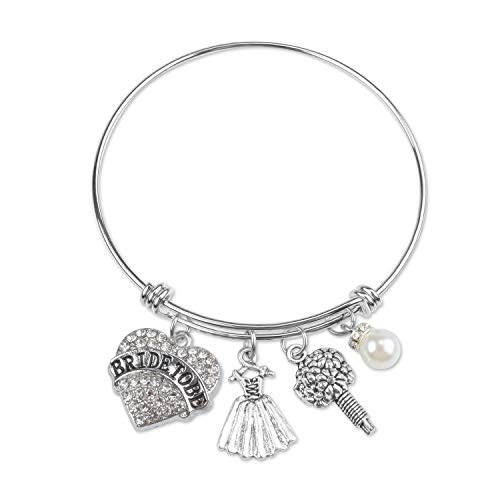 Picalela Bride Gift Bride to Be Bracelet Wedding Gift Engagement Gift Heart Pendant Bracelet Jewelry  Women Charm Bracelet Bangle Expandable Stainless Steel Bracelet