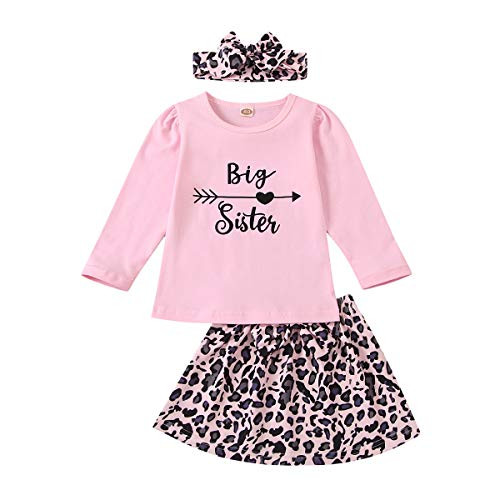 Baby Girls Family Matching Clothing Set Little Big Sister Romper Shirt Tops Plus Gold Heart Long Pants Outfit Set -5-6X  Leopard BigS-