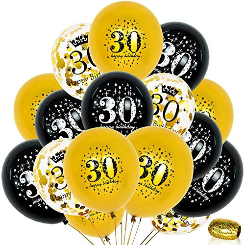 30th Birthday Party Balloons 12 Inch 30 Year Old Balloon Black Gold Party Decorations Gold Confetti Latex Balloon Ribbon for 30 Year Old Anniversary Theme Birthday Party Supplies-16 Pack-