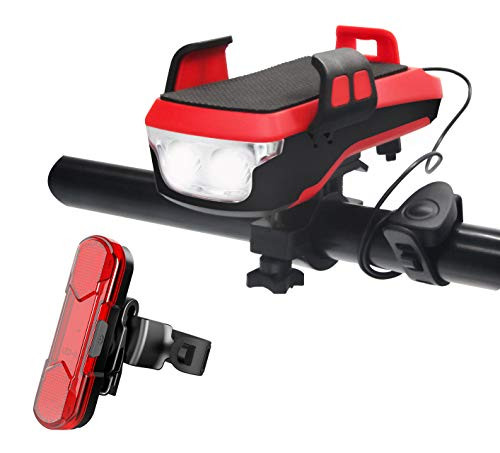 Sudovix Rechargeable Bike Light Front and Back Set Led Bike Headlight with Phone Mount and Bike Horn 4 Lighting Modes Bicycle Taillight Mountain Bike Light Accessories