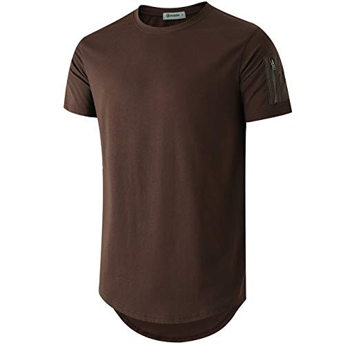 KLIEGOU TS216 Mens 100 percent  Cotton Hipster Hip Hop Crewneck T-Shirt Zip Pocket Brown L