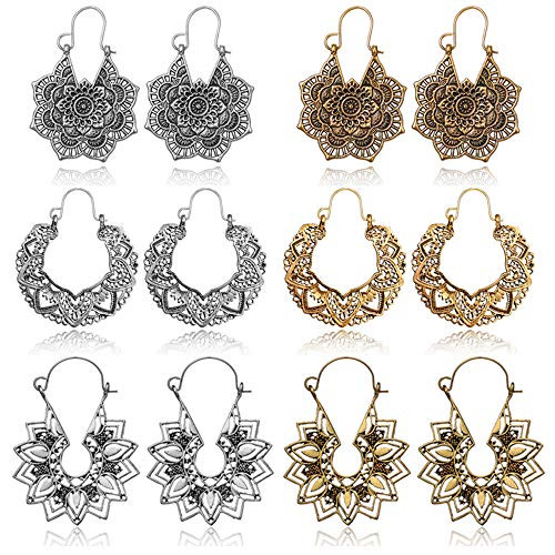 6 Pairs Boho Vintage Mandala Flower Gypsy Drop Dangle Earrings for Women Girls Statement Retro Tribal National Style Hollow Earrings Set -6 Pairs Gold Silver-