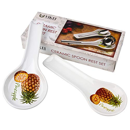 2 Ceramic Spoon Rests for Kitchen Set with Pineapple Pattern Utensil Holder  and  Ladle Rest for Counter  and  Stove Top - Good Kitchen Spoon Rest Gift Set for Cooking Lover