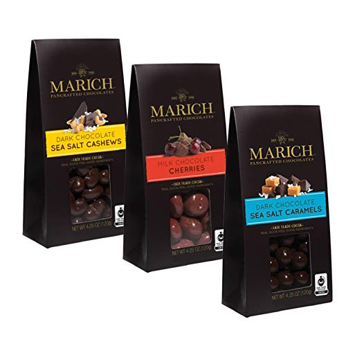 Marich Premium Chocolate Gable Boxes Variety Pack 4.25 Oz -Pack of 3- 1 Dark Chocolate Sea Salt Cashews 1 Milk Chocolate Cherries 1 Dark Chocolate Sea Salt Caramels Marich Premium Chocolate Gable Boxes Variety Pack 4.25 Oz -Pack of 3- 1 Dark Chocolate Sea Salt Cashews 1 Milk Chocolate Cherries 1 Dark Chocolate Sea Salt Caramels