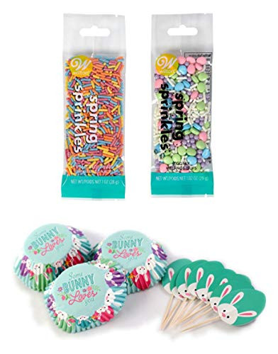 Happy Easter Some Bunny Loves You 24 Piece Cupcake Baking Cups 24 Topper Picks  and  2 Packs of 1 oz Sprinkles Spring Cupcake Baking Decorating Bundle