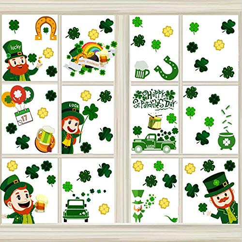 Witkey St Patricks Day Decorations Window Clings - 102 Pcs Shamrock Irish Clover Leprechaun Static Window Sticker Decals Peeking Decals Party Ornaments Accessories 8 Sheets