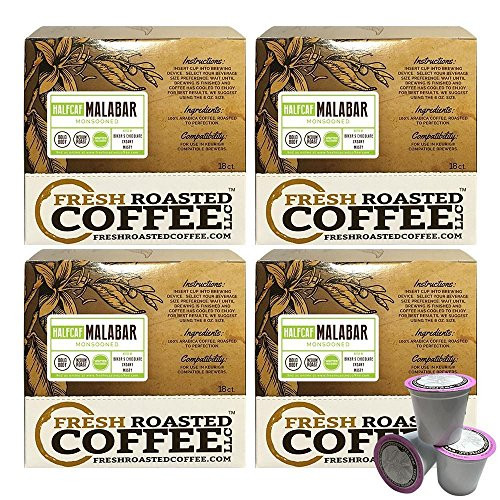 Fresh Roasted Coffee LLC, Swiss Water Half Caff Indian Monsoon Malabar Coffee Pods, Medium Roast, Capsules Compatible with 1.0 & 2.0 Single-Serve Brewers,72 Count